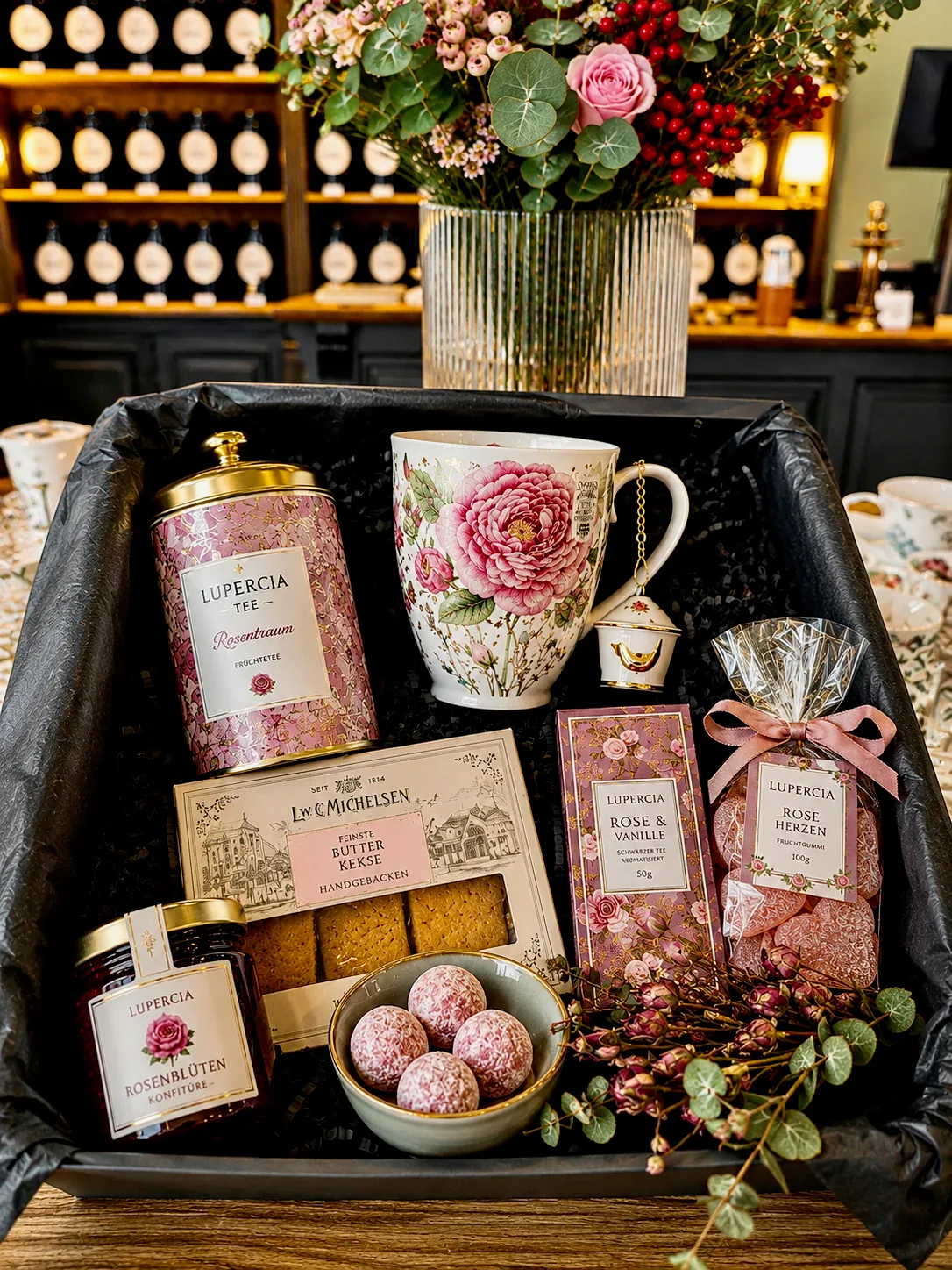 Eine Lupercia Geschenkbox mit Rosentee, Blütenporzellan, Gebäck und Rosenkonfitüre
